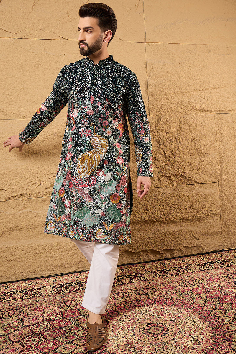 Green Georgette Embroidered Mandarin Collar Straight Kurta MKU1135