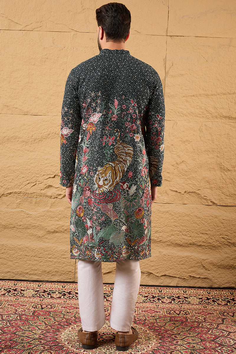 Green Georgette Embroidered Mandarin Collar Straight Kurta MKU1135