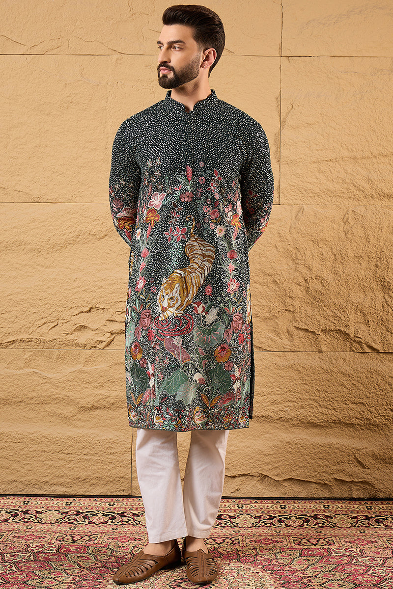 Green Georgette Embroidered Mandarin Collar Straight Kurta MKU1135