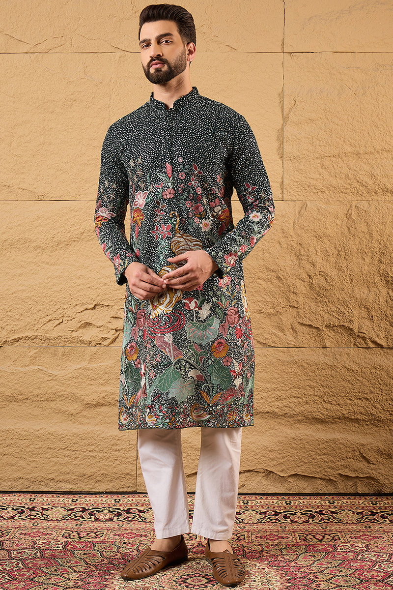 Green Georgette Embroidered Mandarin Collar Straight Kurta MKU1135