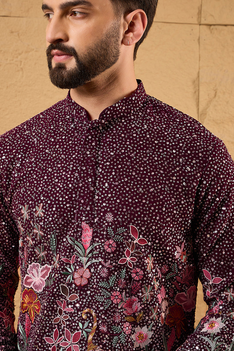 Purple Georgette Embroidered Mandarin Collar Straight Kurta MKU1136