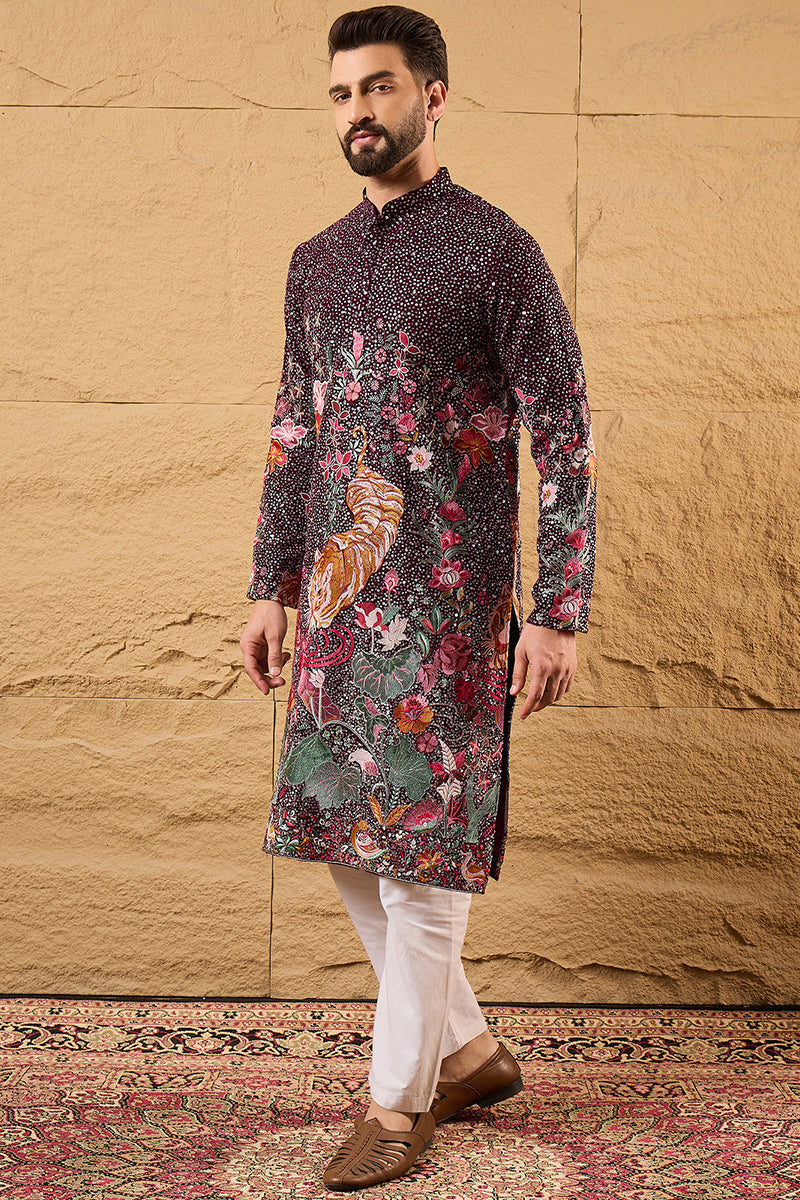 Purple Georgette Embroidered Mandarin Collar Straight Kurta MKU1136