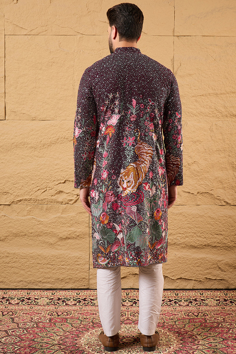 Purple Georgette Embroidered Mandarin Collar Straight Kurta MKU1136