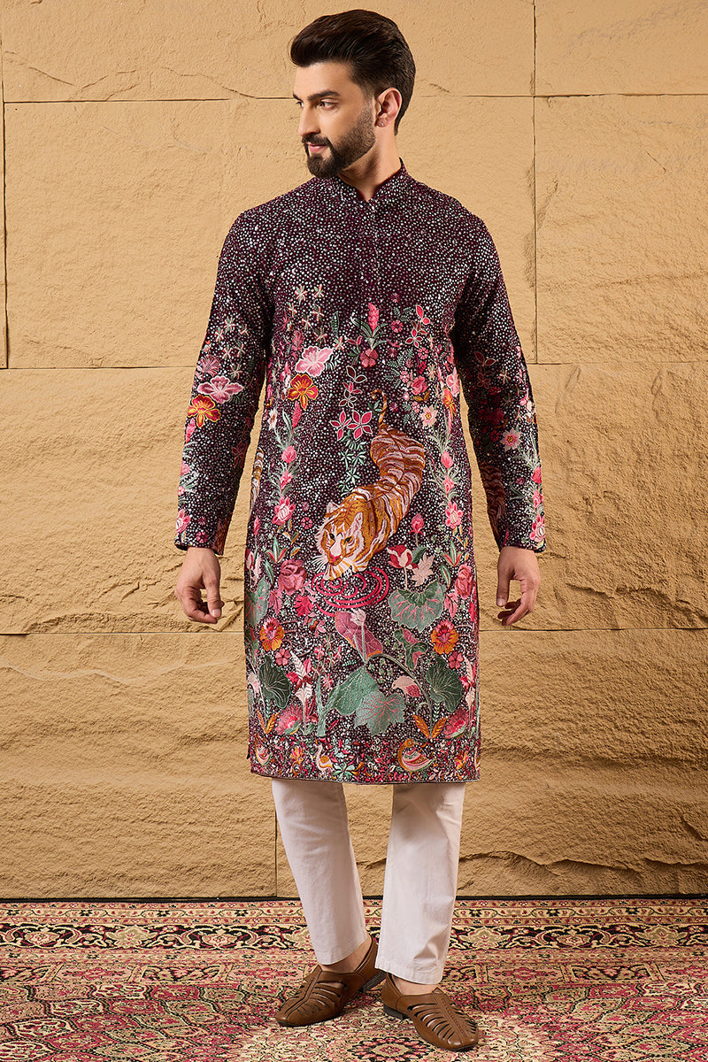 Purple Georgette Embroidered Mandarin Collar Straight Kurta MKU1136