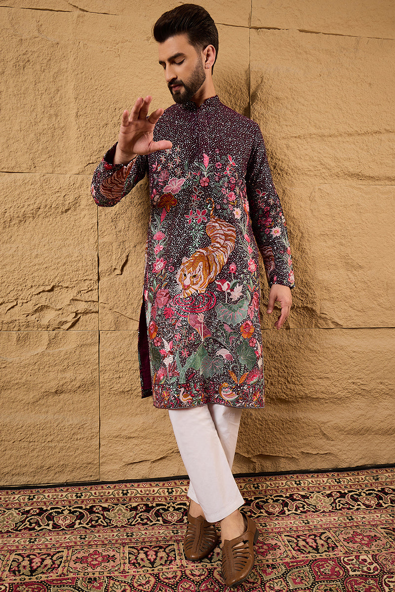 Purple Georgette Embroidered Mandarin Collar Straight Kurta MKU1136