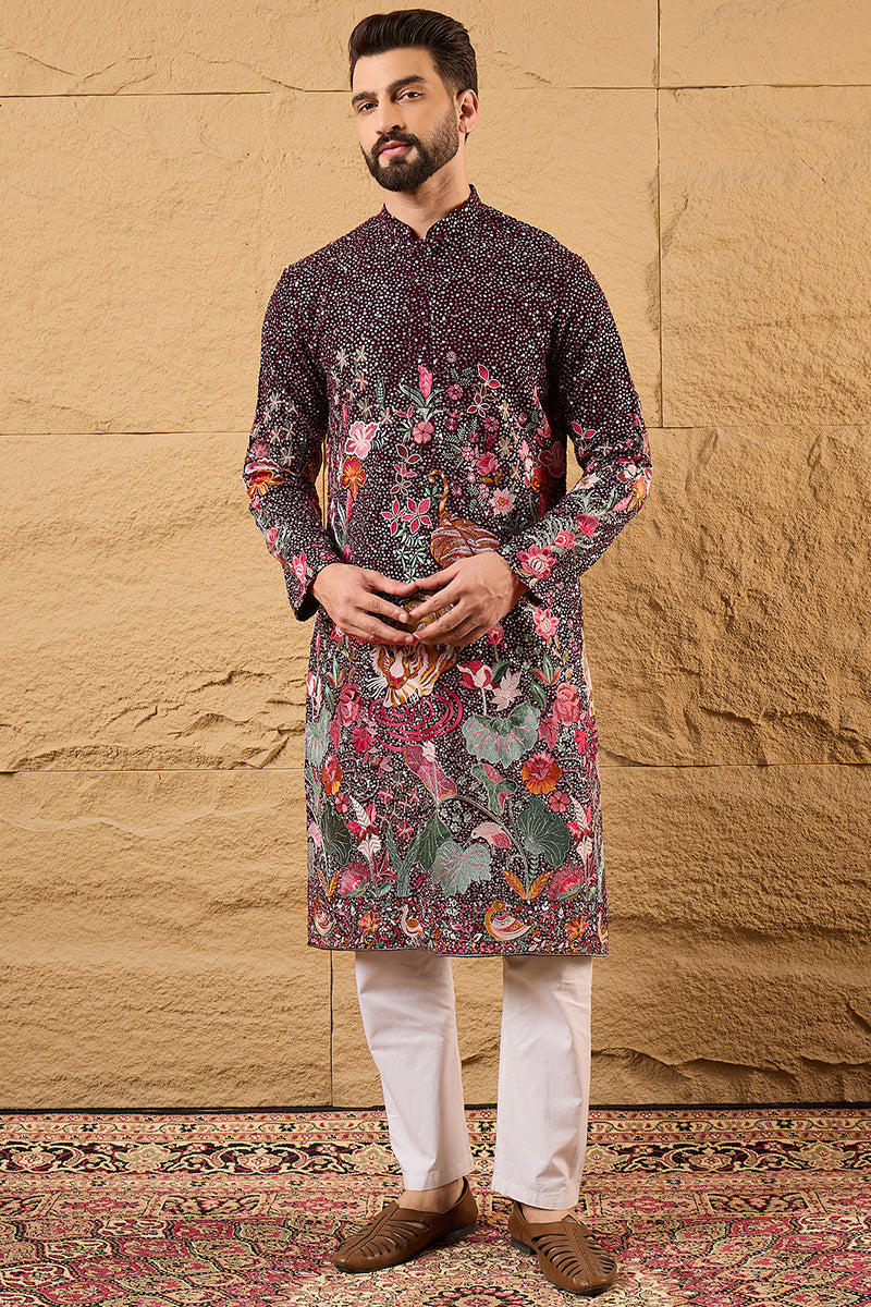Purple Georgette Embroidered Mandarin Collar Straight Kurta MKU1136