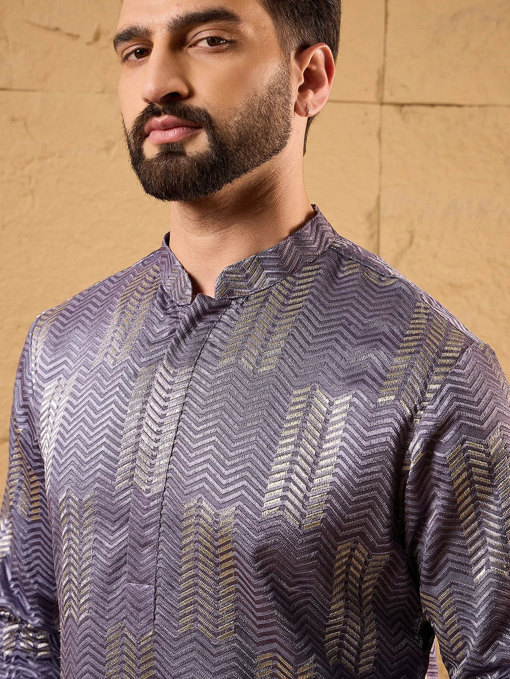 Men Purple Silk Blend Solid Embroidered Straight Kurta-MKU1137