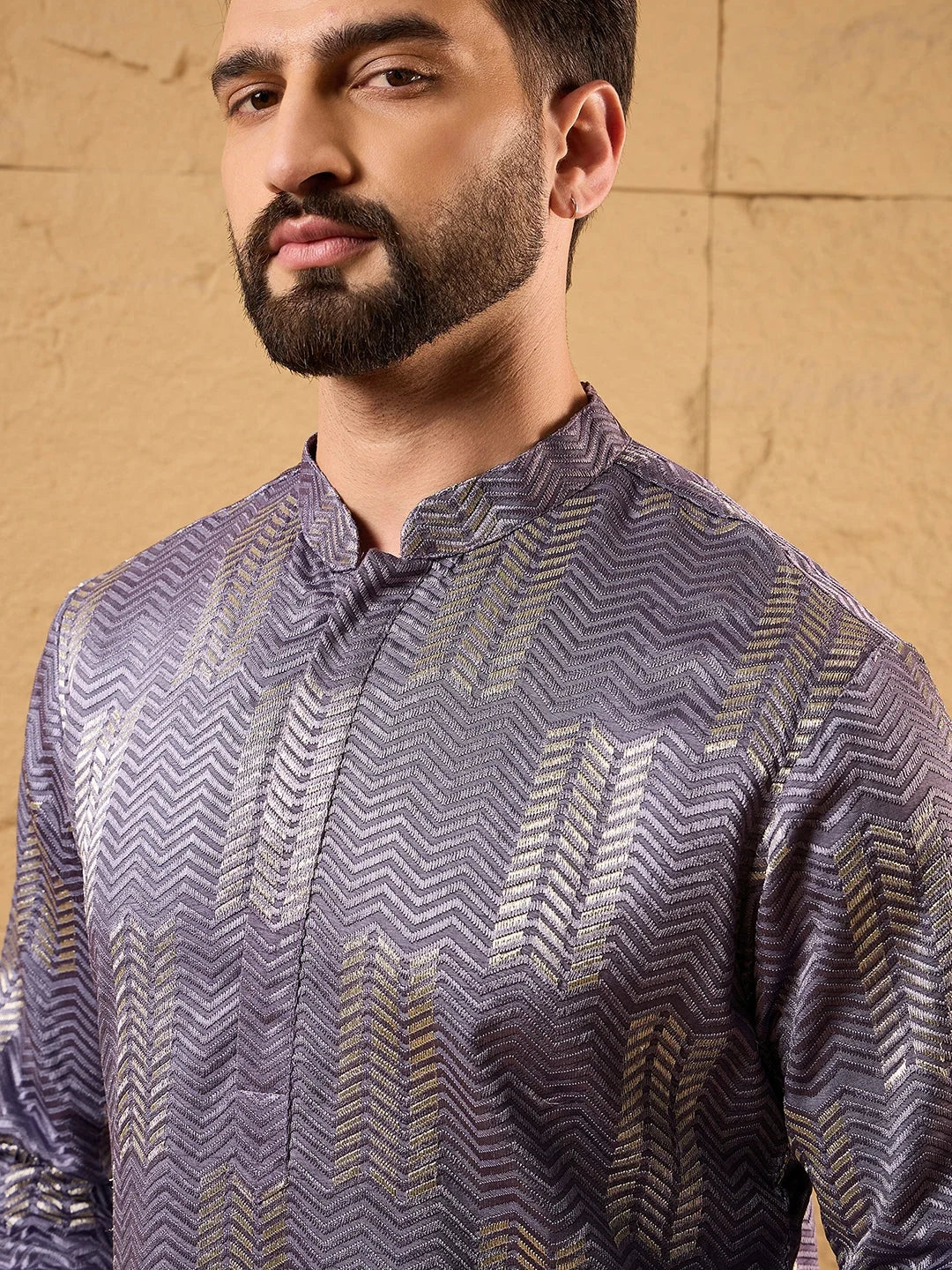 Men Purple Silk Blend Solid Embroidered Straight Kurta-MKU1137