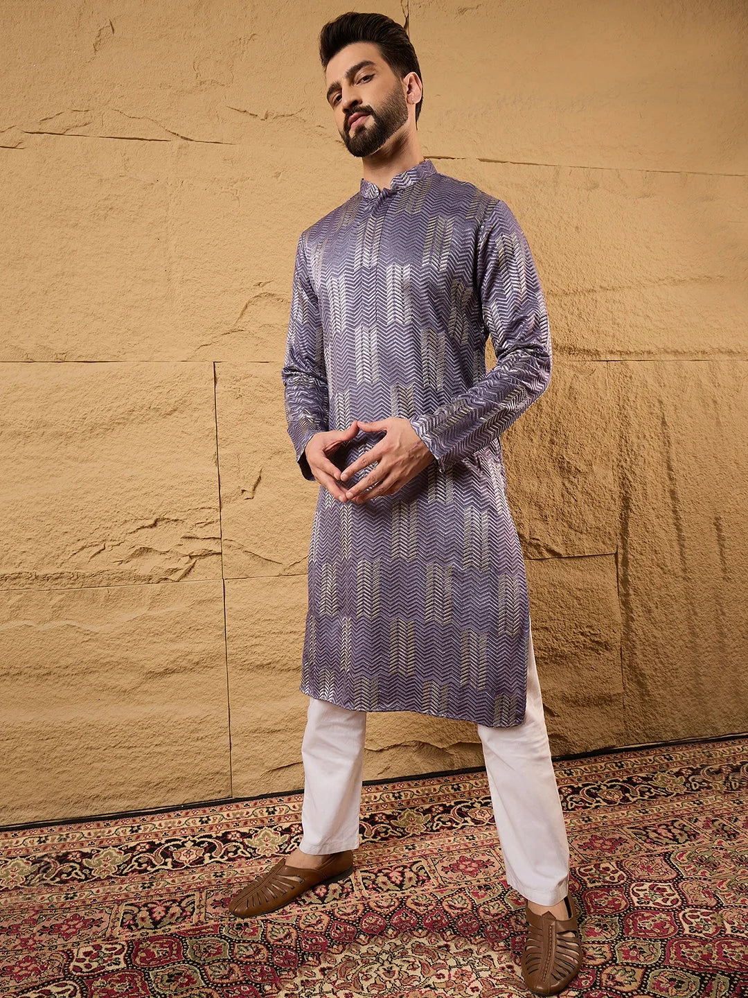 Men Purple Silk Blend Solid Embroidered Straight Kurta-MKU1137