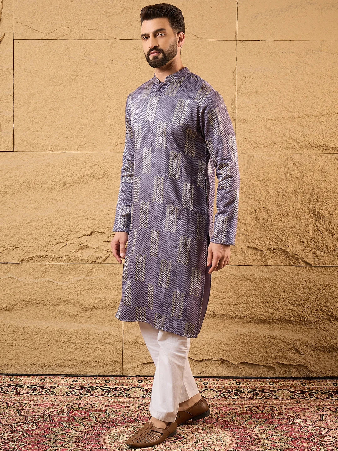 Men Purple Silk Blend Solid Embroidered Straight Kurta-MKU1137