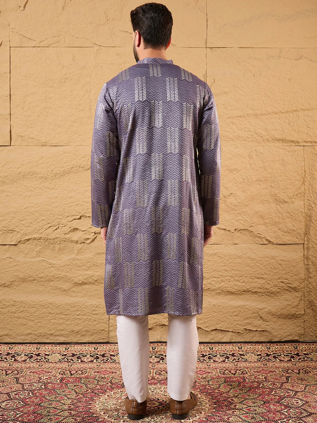 Men Purple Silk Blend Solid Embroidered Straight Kurta-MKU1137