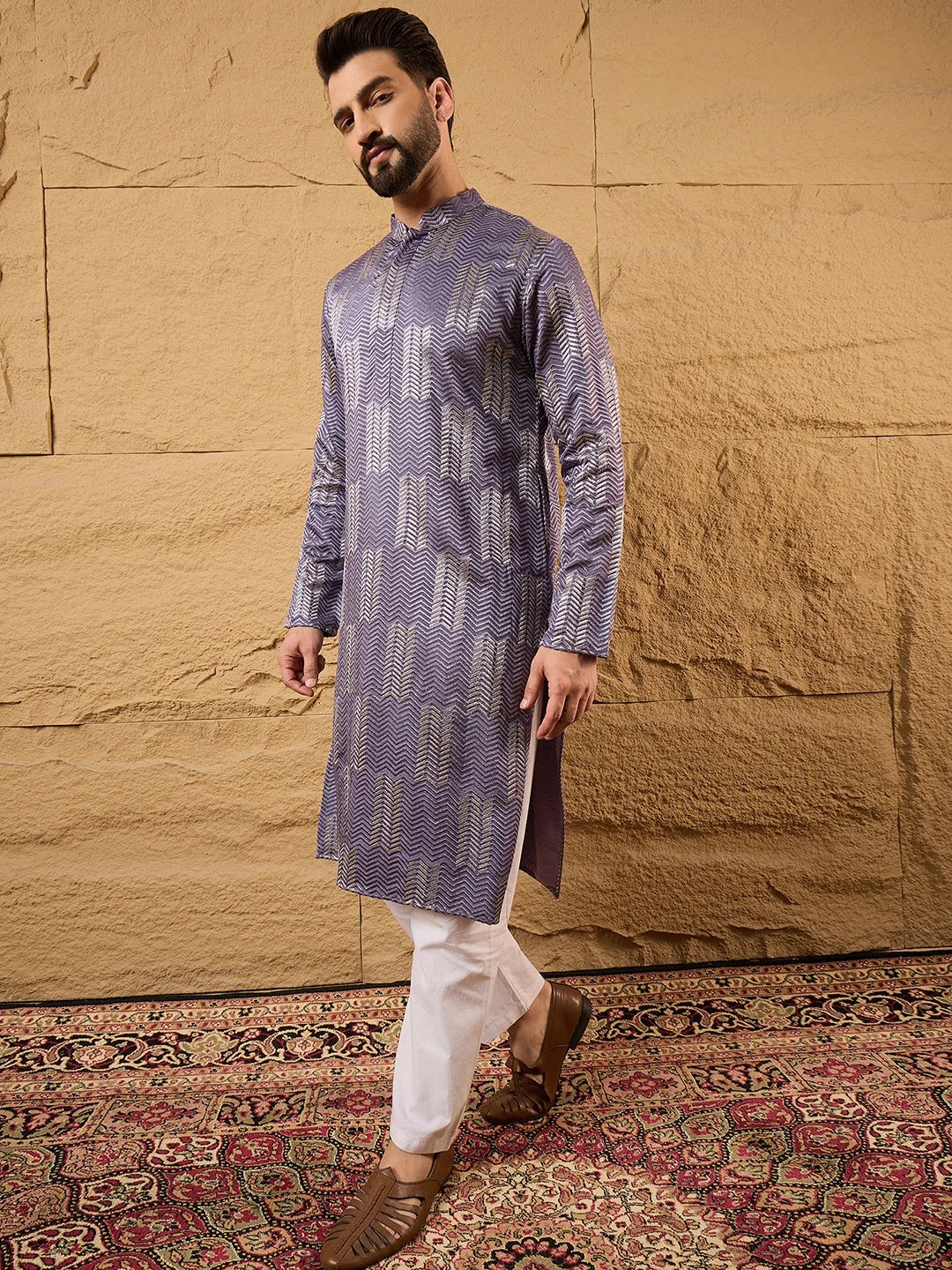 Men Purple Silk Blend Solid Embroidered Straight Kurta-MKU1137