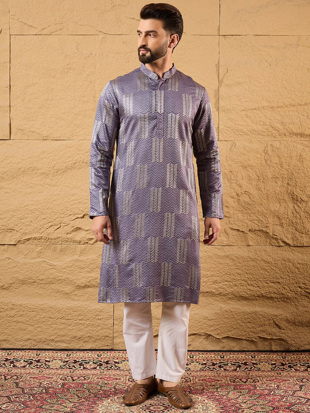 Men Purple Silk Blend Solid Embroidered Straight Kurta-MKU1137