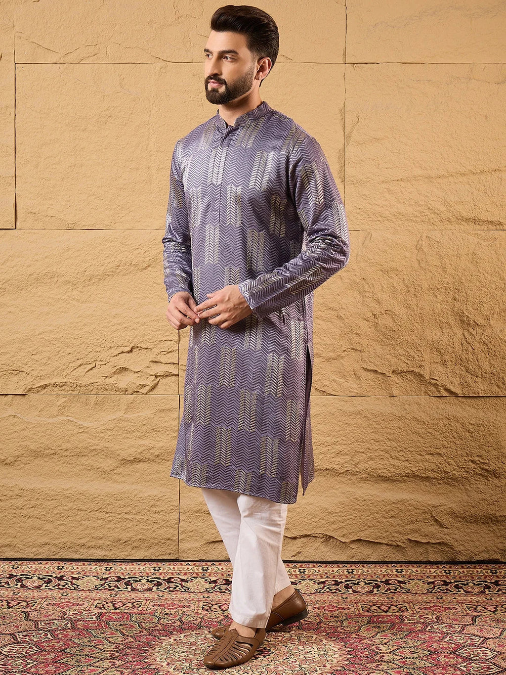 Men Purple Silk Blend Solid Embroidered Straight Kurta-MKU1137