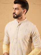 Men Yellow Viscose Rayon Ethnic Motifs Embroidered Straight Kurta-MKU1138