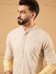 Men Yellow Viscose Rayon Ethnic Motifs Embroidered Straight Kurta-MKU1138