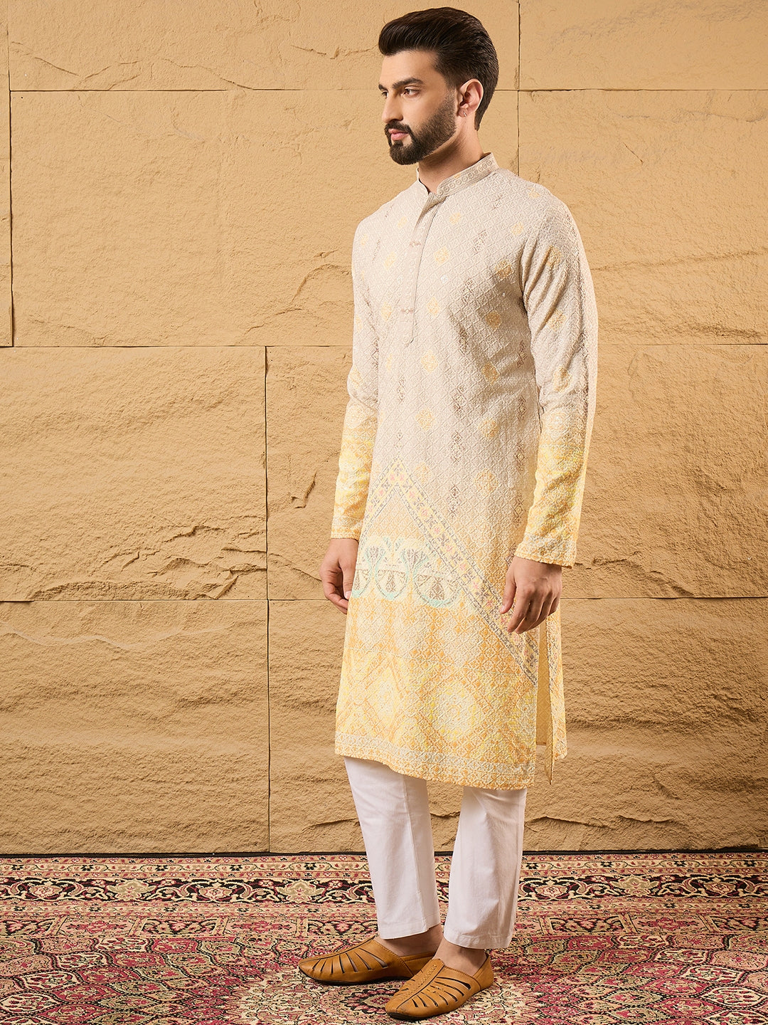 Men Yellow Viscose Rayon Ethnic Motifs Embroidered Straight Kurta-MKU1138