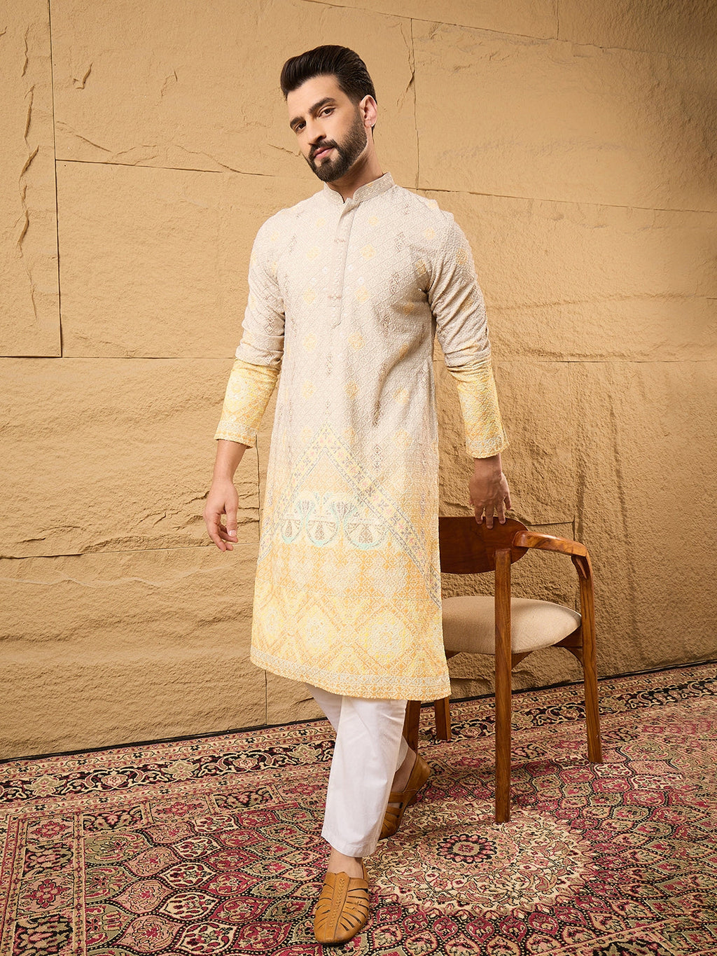 Men Yellow Viscose Rayon Ethnic Motifs Embroidered Straight Kurta-MKU1138