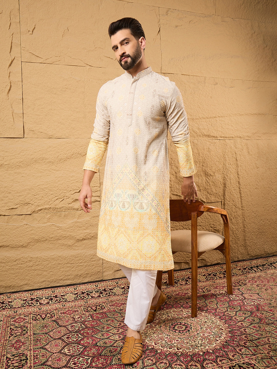 Men Yellow Viscose Rayon Ethnic Motifs Embroidered Straight Kurta-MKU1138