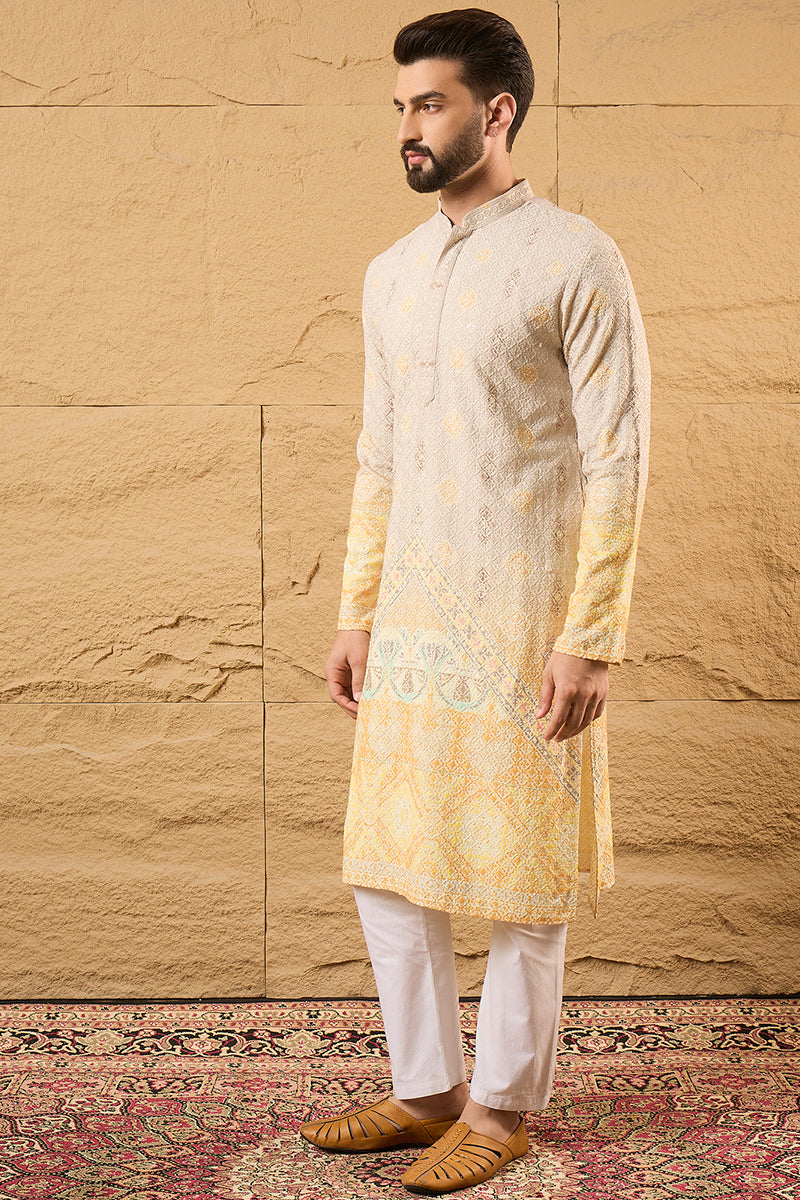Yellow Ethnic Motif Embroidered Chikankari Straight Kurta HMKU1138