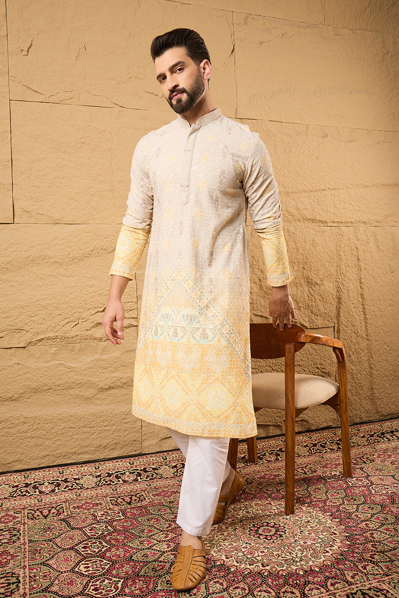 Yellow Ethnic Motif Embroidered Chikankari Straight Kurta HMKU1138