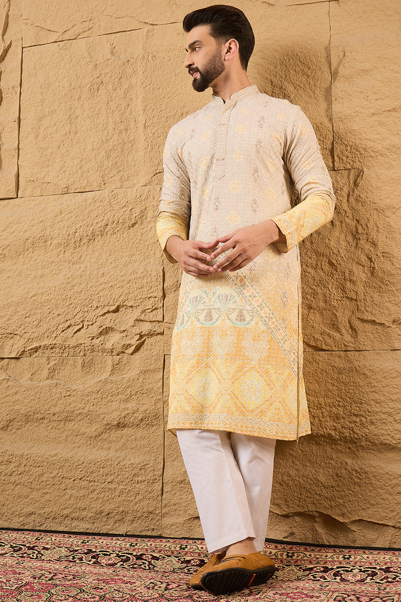 Yellow Ethnic Motif Embroidered Chikankari Straight Kurta HMKU1138