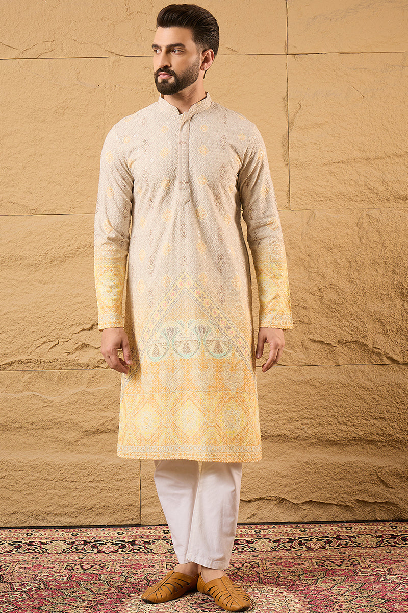 Yellow Ethnic Motif Embroidered Chikankari Straight Kurta HMKU1138