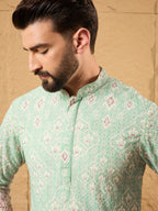 Men Teal Viscose Rayon Ethnic Motifs Embroidered Straight Kurta-MKU1139
