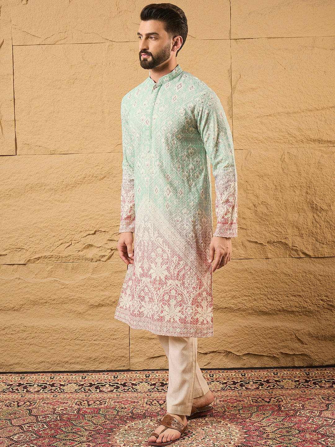 Men Teal Viscose Rayon Ethnic Motifs Embroidered Straight Kurta-MKU1139