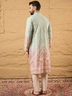 Men Teal Viscose Rayon Ethnic Motifs Embroidered Straight Kurta-MKU1139