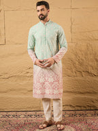 Men Teal Viscose Rayon Ethnic Motifs Embroidered Straight Kurta-MKU1139