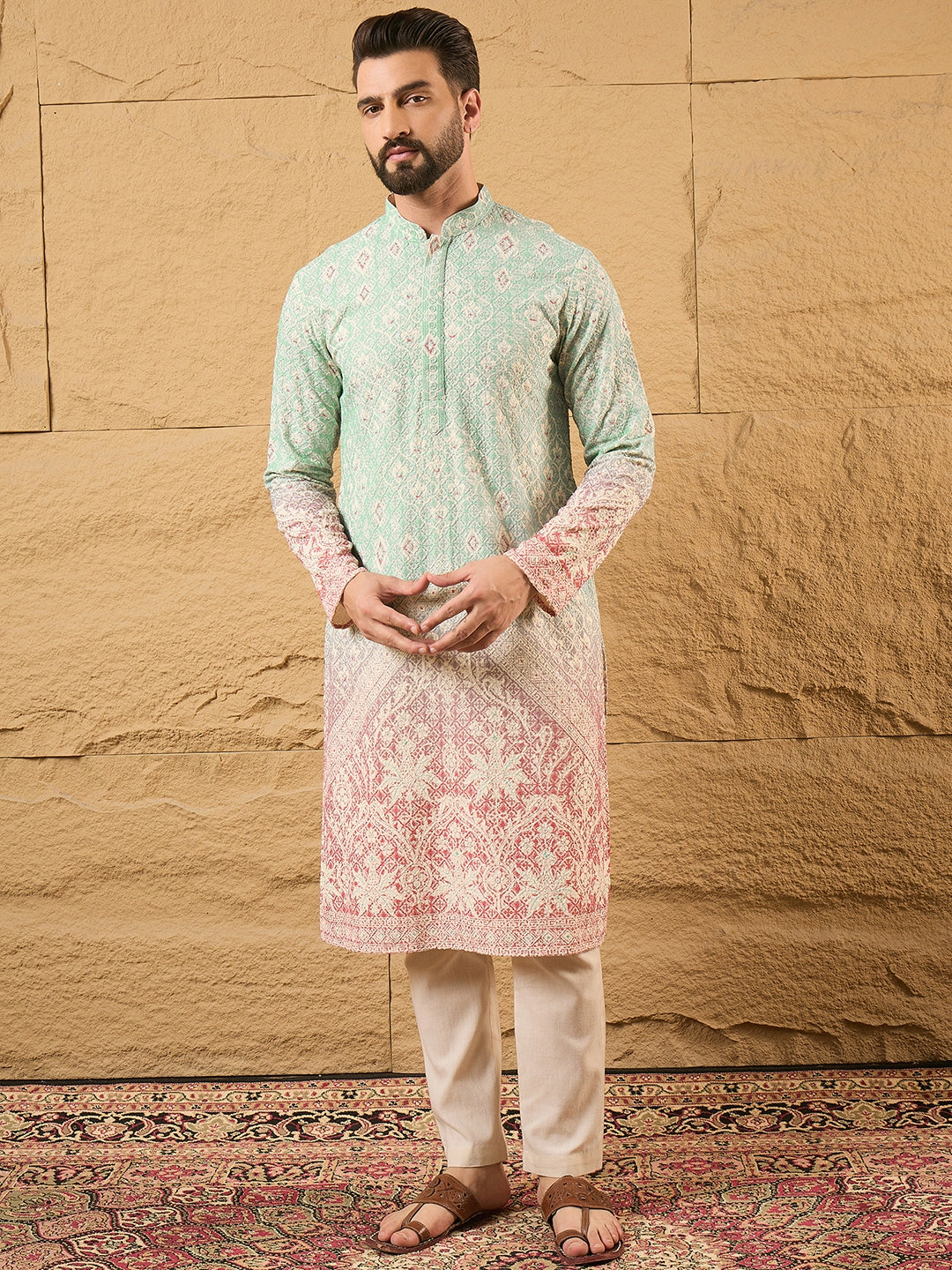 Men Teal Viscose Rayon Ethnic Motifs Embroidered Straight Kurta-MKU1139