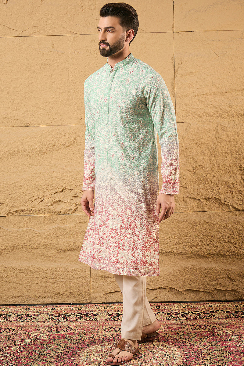 Teal Ethnic Motif Embroidered Chikankari Straight Kurta HMKU1139