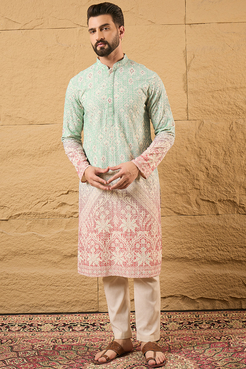 Teal Ethnic Motif Embroidered Chikankari Straight Kurta HMKU1139