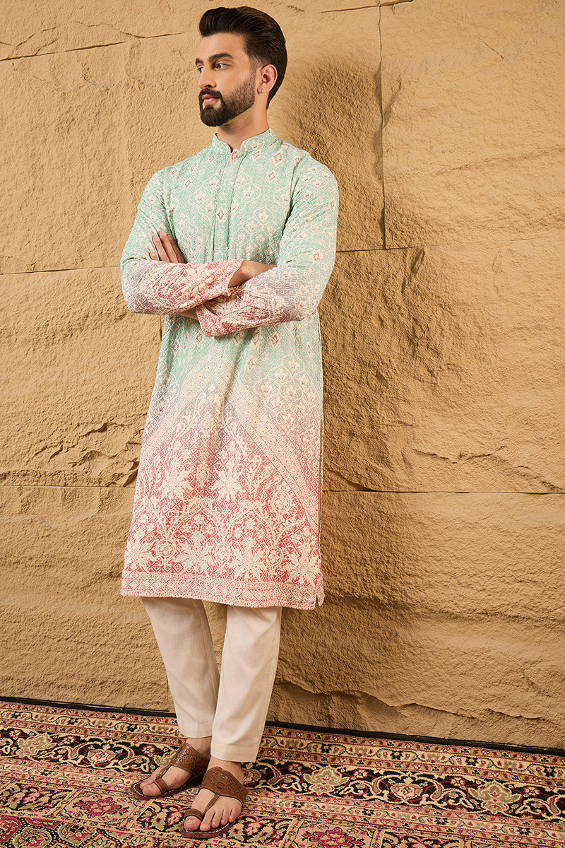 Teal Ethnic Motif Embroidered Chikankari Straight Kurta HMKU1139