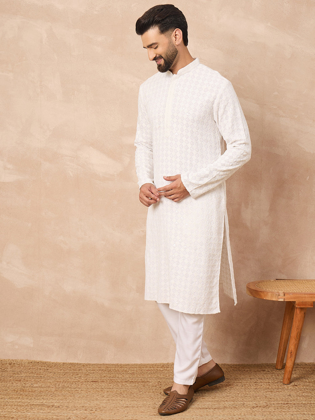 Men White Viscose Rayon Solid Embroidered Straight Kurta-MKU1140