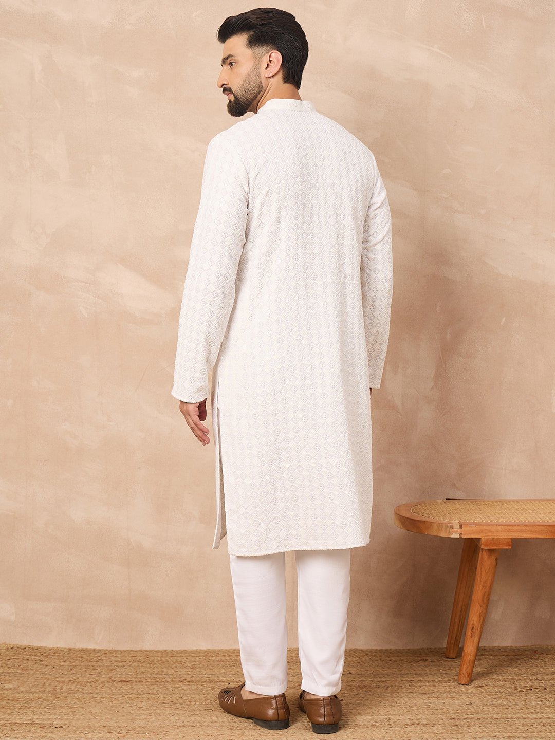 Men White Viscose Rayon Solid Embroidered Straight Kurta-MKU1140