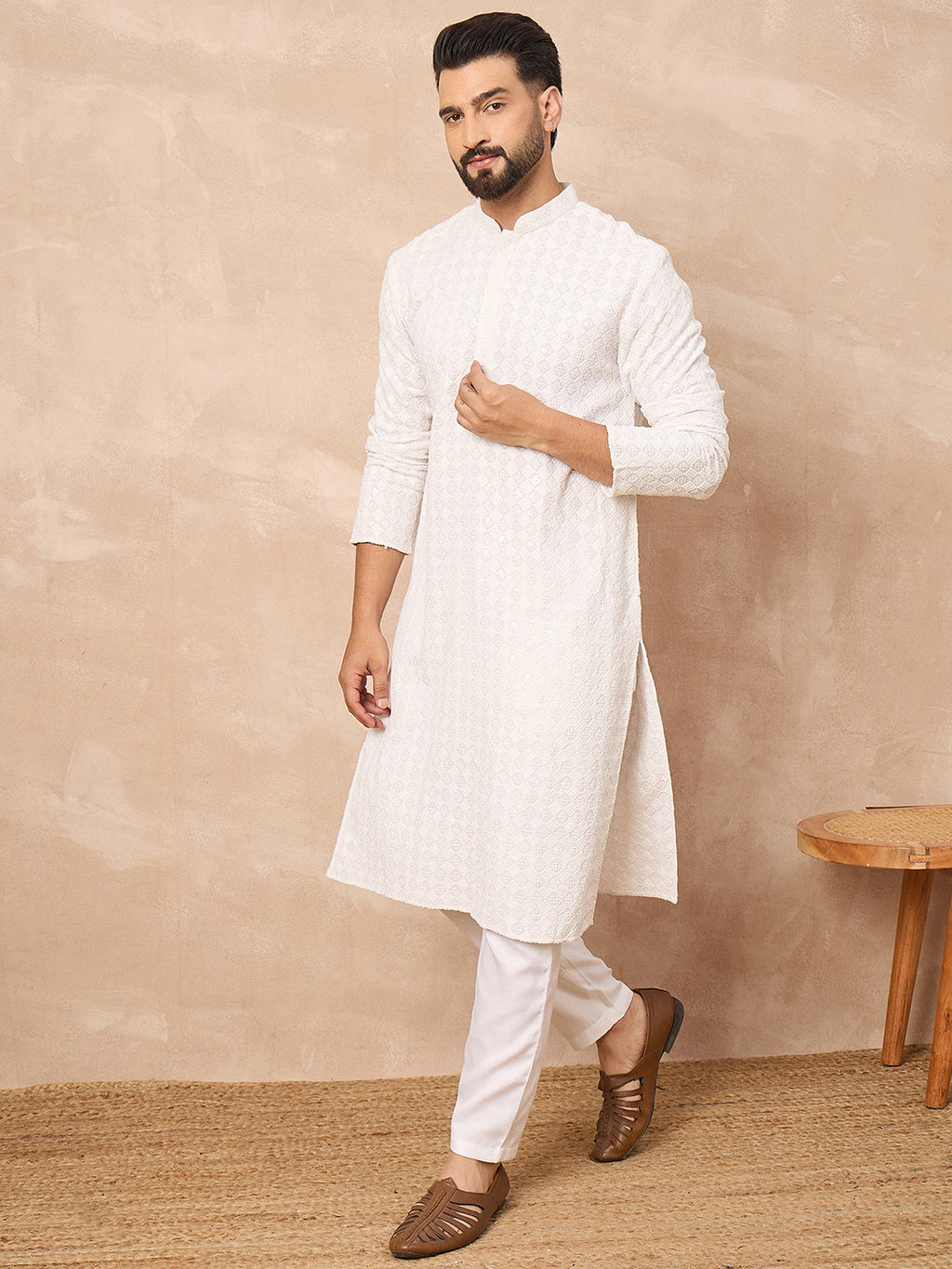 Men White Viscose Rayon Solid Embroidered Straight Kurta-MKU1140