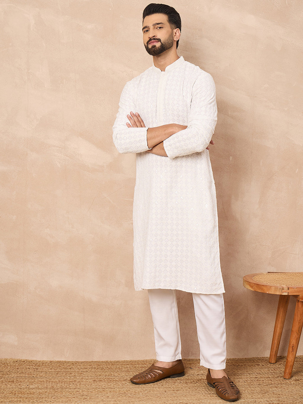 Men White Viscose Rayon Solid Embroidered Straight Kurta-MKU1140
