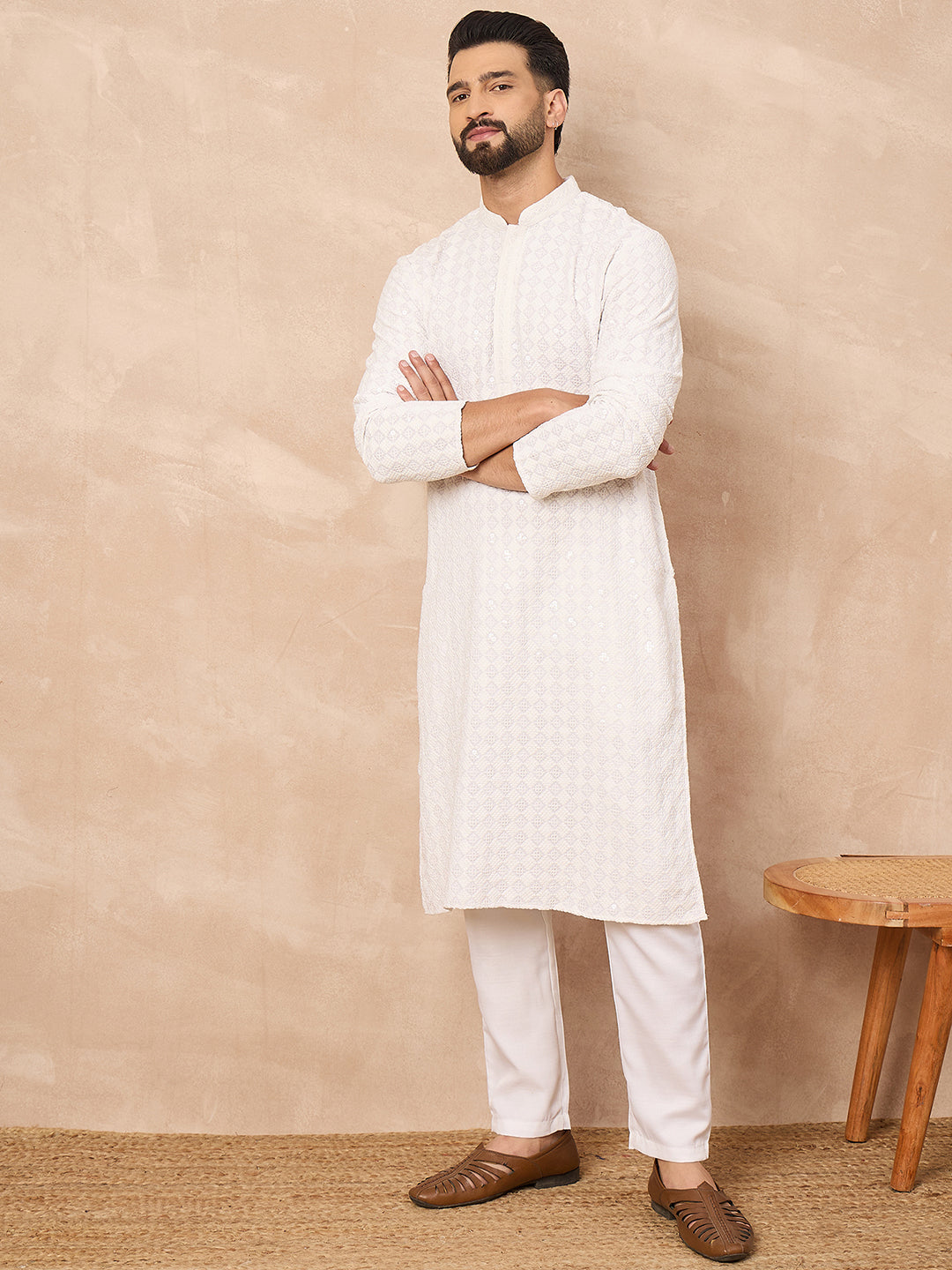Men White Viscose Rayon Solid Embroidered Straight Kurta-MKU1140