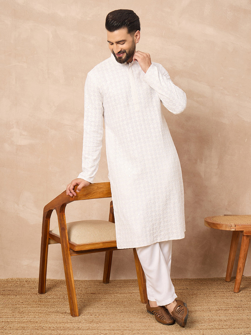 Men White Viscose Rayon Solid Embroidered Straight Kurta-MKU1140
