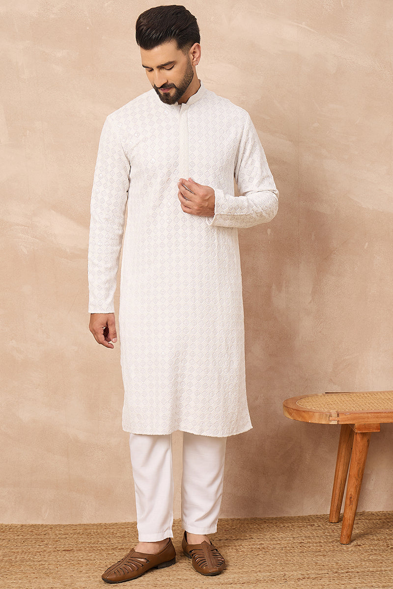 White Viscose Rayon Solid Embroidered Straight Kurta HOPMKU1140