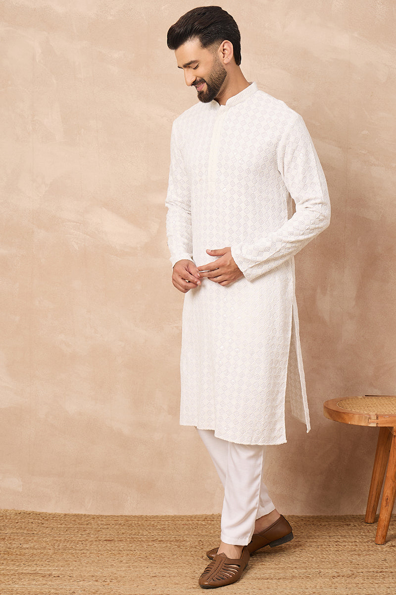 White Viscose Rayon Solid Embroidered Straight Kurta HOPMKU1140