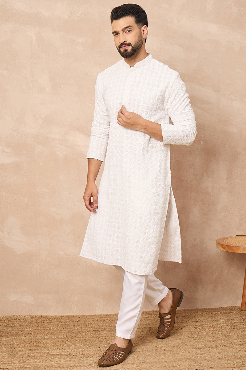 White Viscose Rayon Solid Embroidered Straight Kurta HOPMKU1140