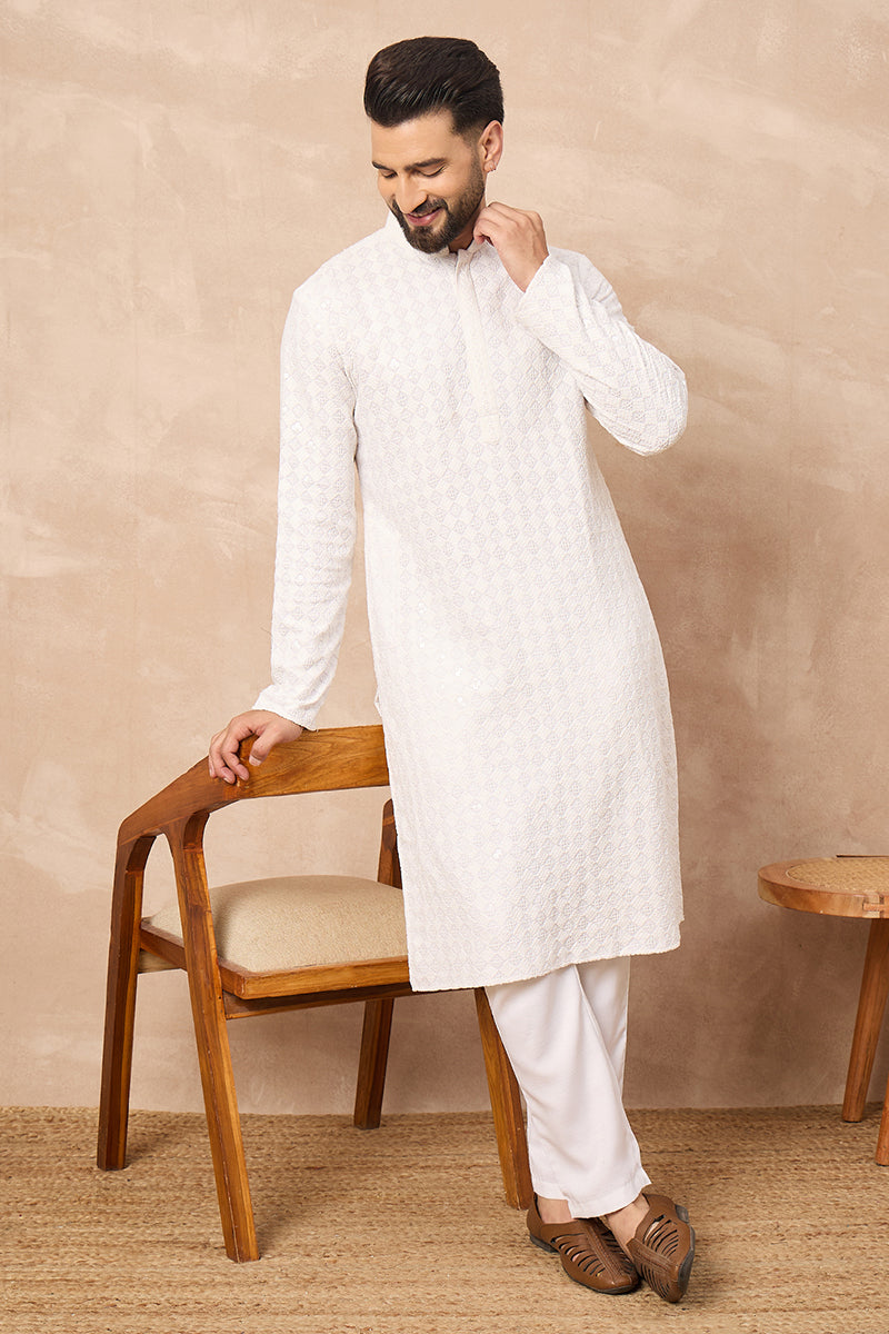 White Viscose Rayon Solid Embroidered Straight Kurta HOPMKU1140