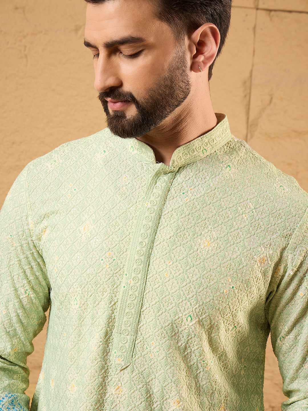 Men Green Viscose Rayon Bandhani Embroidered Straight Kurta-MKU1141