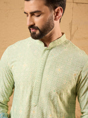 Men Green Viscose Rayon Bandhani Embroidered Straight Kurta-MKU1141
