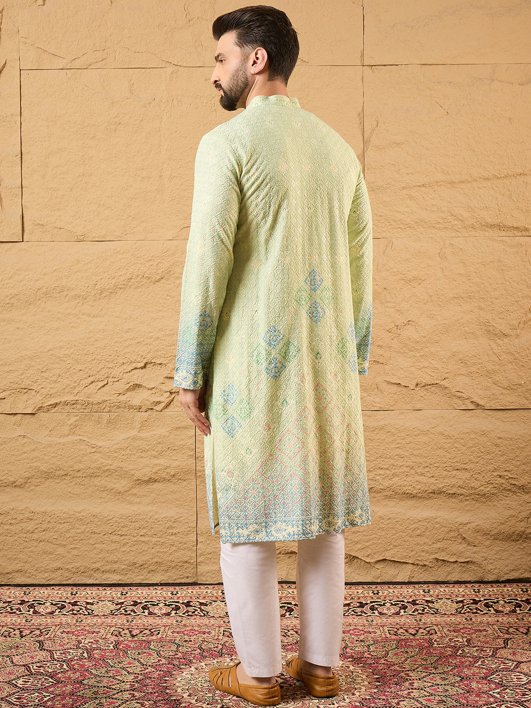 Men Green Viscose Rayon Bandhani Embroidered Straight Kurta-MKU1141