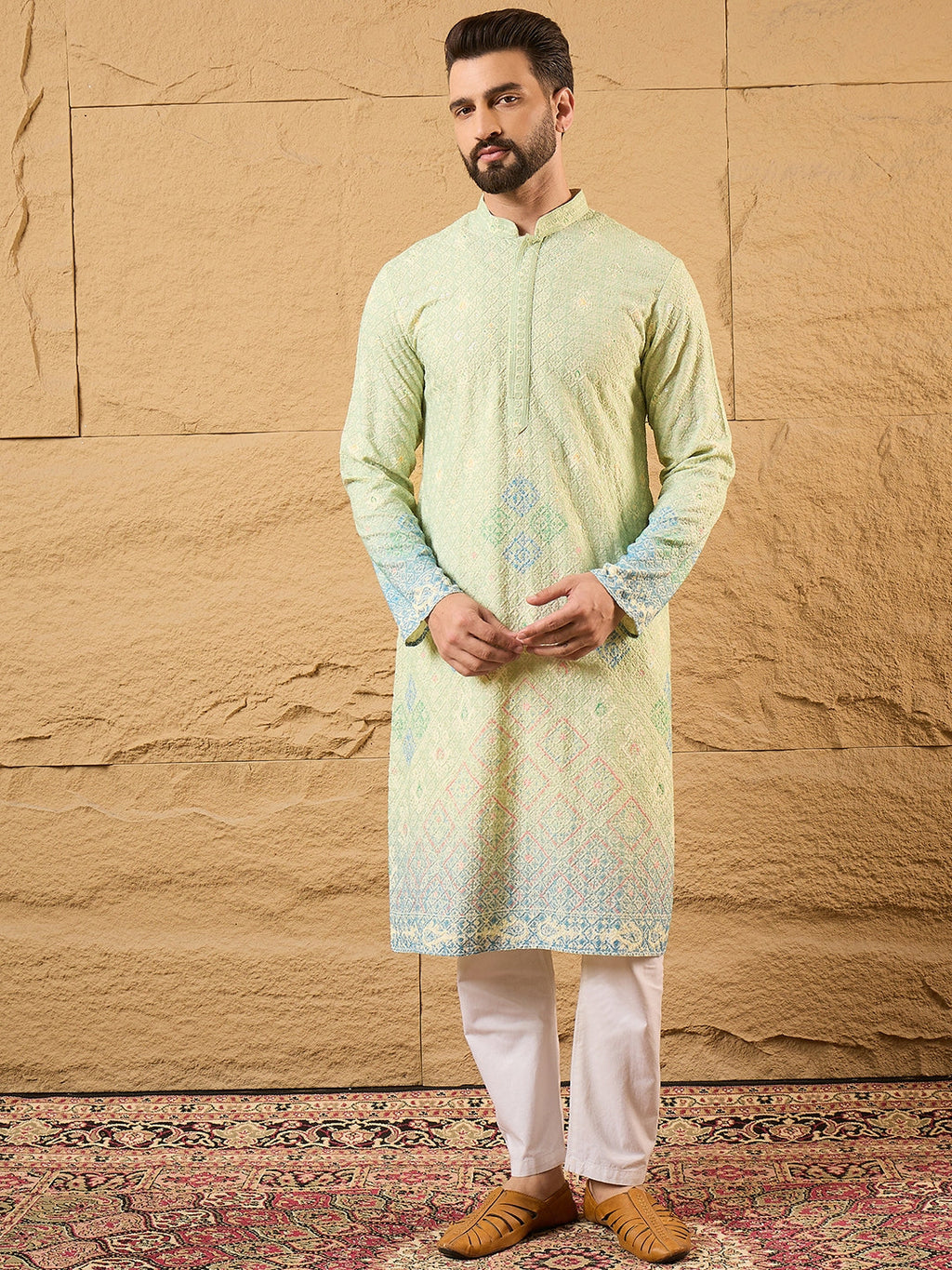 Men Green Viscose Rayon Bandhani Embroidered Straight Kurta-MKU1141