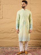 Men Green Viscose Rayon Bandhani Embroidered Straight Kurta-MKU1141